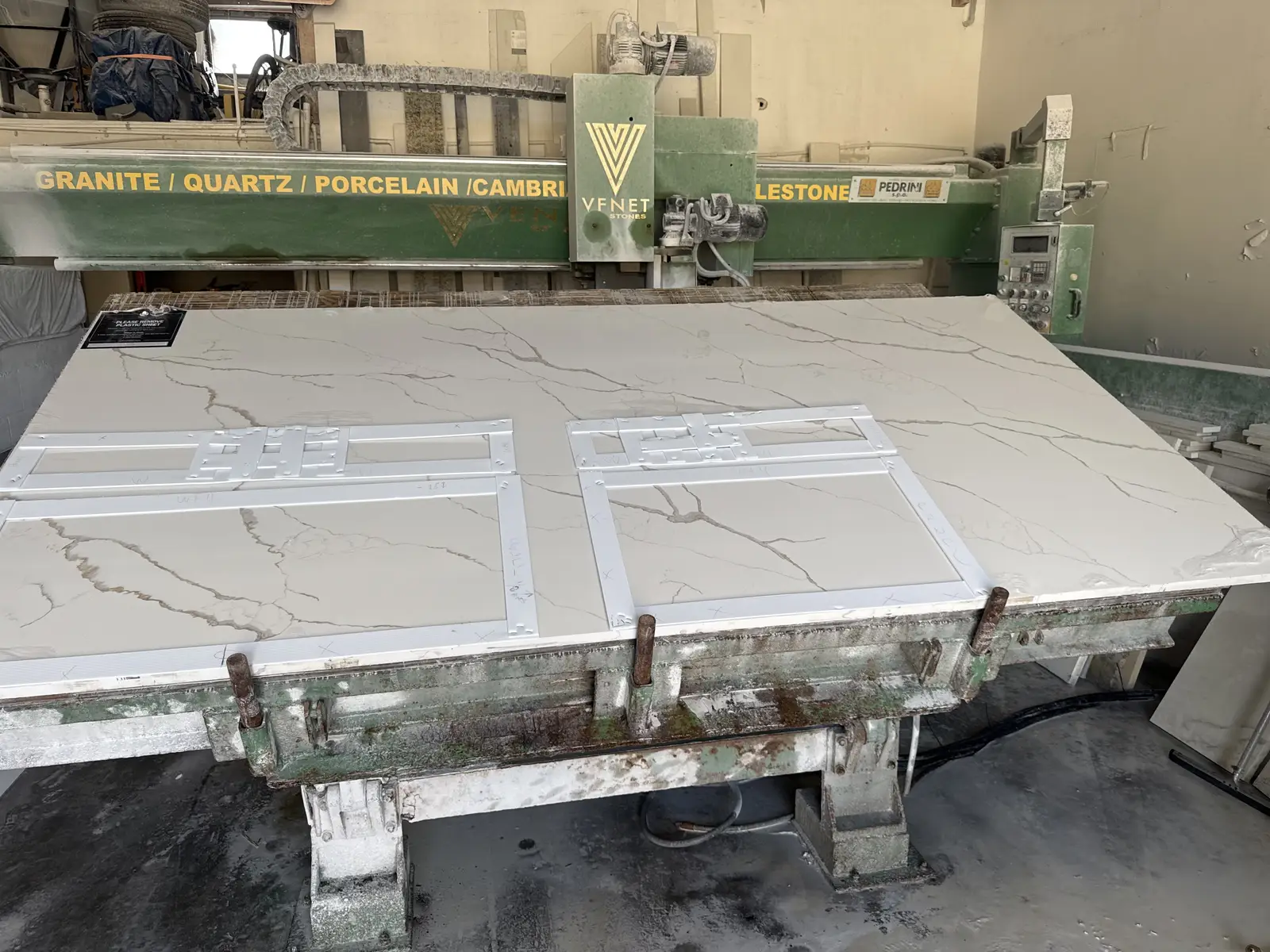Quartz countertop sections cut and staged in the Venet LLC shop, Tampa Bay, Florida