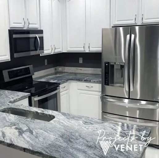 Granite Countertops White Kitchen project completed by Venet LLC in Tampa Bay, Florida
