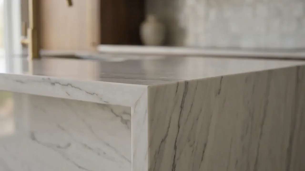 Panoramic luxury kitchen with dark wood cabinetry in soft shade opening to a sunlit white marble waterfall island