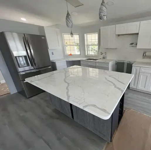 Quartz Kitchen Island Waterfall project completed by Venet LLC in Tampa Bay, Florida